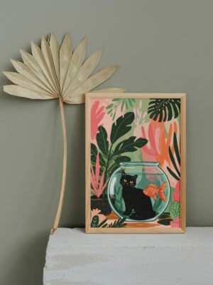 Black Cat Goldfish Bowl Art, Whimsical Jungle Wall Print, Cute Animal Illustration, Playful Home Decor