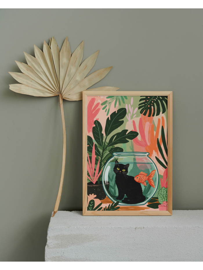 Black Cat Goldfish Bowl Art, Whimsical Jungle Wall Print, Cute Animal Illustration, Playful Home Decor