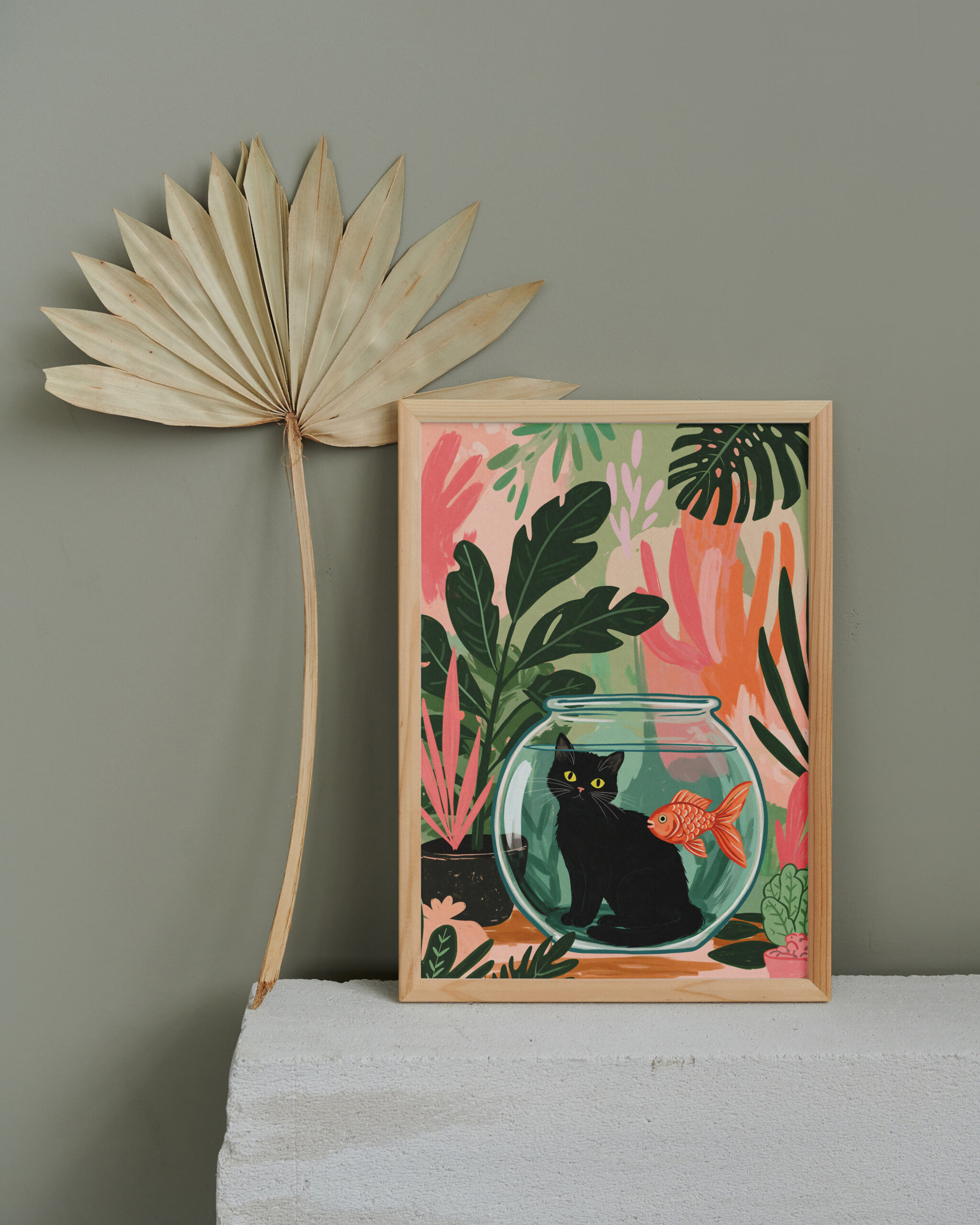 Black Cat Goldfish Bowl Art, Whimsical Jungle Wall Print, Cute Animal Illustration, Playful Home Decor