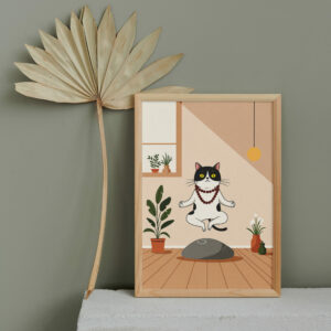 Zen Cat Meditation Art Print, Funny Yoga Room Wall Decor, Cute Relaxing Cat Illustration
