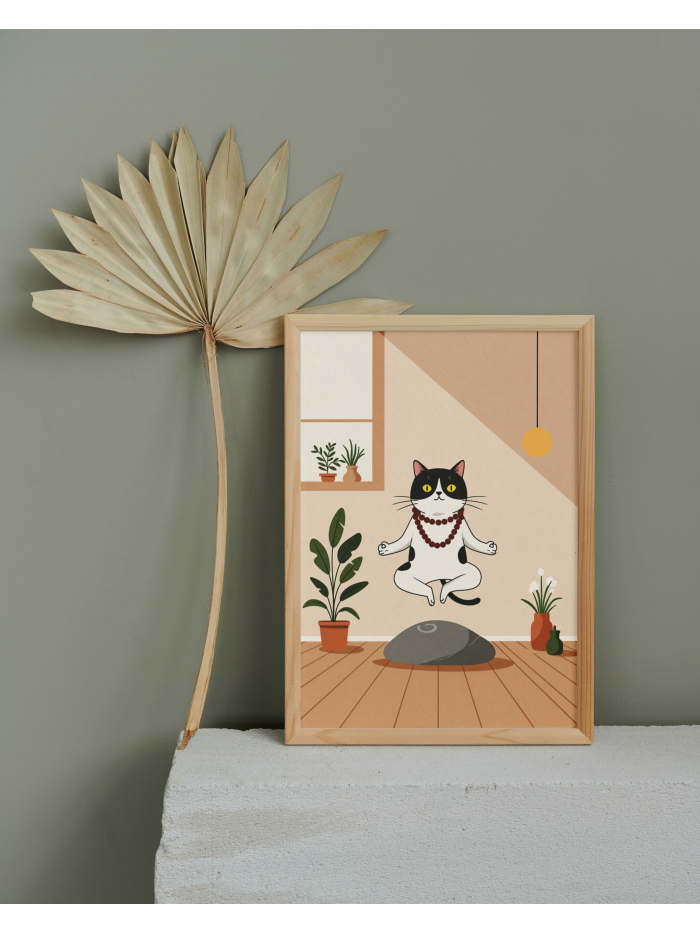 Zen Cat Meditation Art Print, Funny Yoga Room Wall Decor, Cute Relaxing Cat Illustration