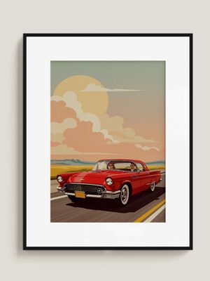 Retro Red Convertible Car Print, Mid-Century Road Trip Wall Art, Vintage Automobile Illustration