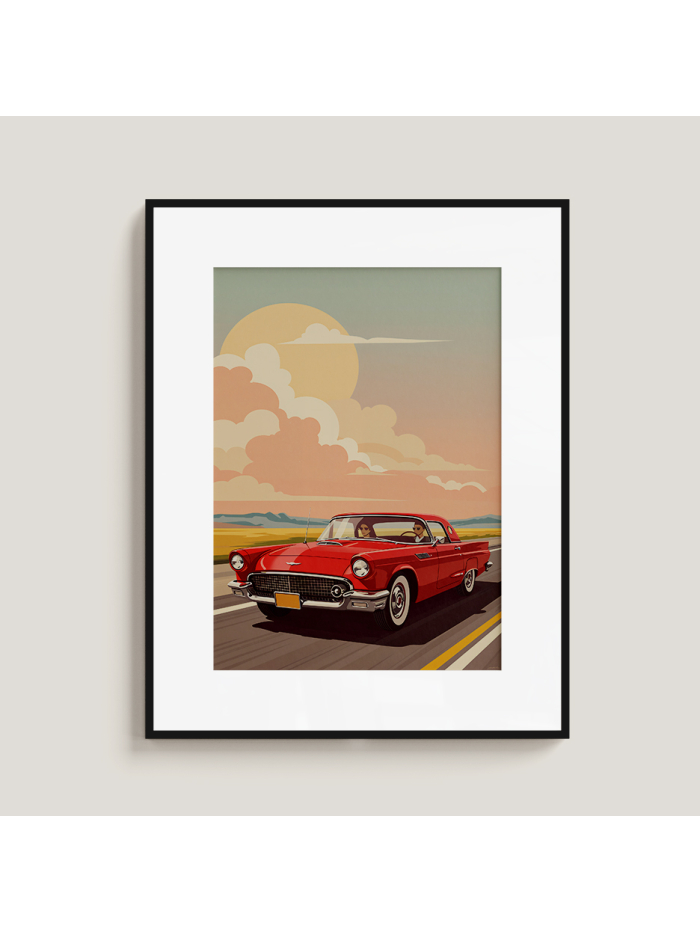 Retro Red Convertible Car Print, Mid-Century Road Trip Wall Art, Vintage Automobile Illustration