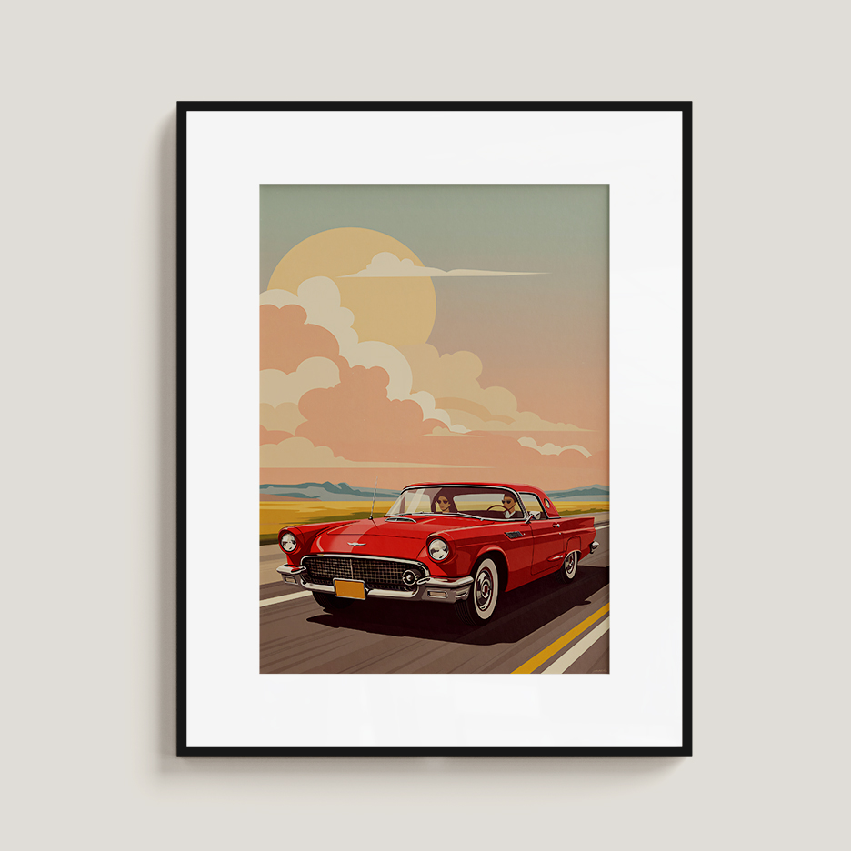 Retro Red Convertible Car Print, Mid-Century Road Trip Wall Art, Vintage Automobile Illustration