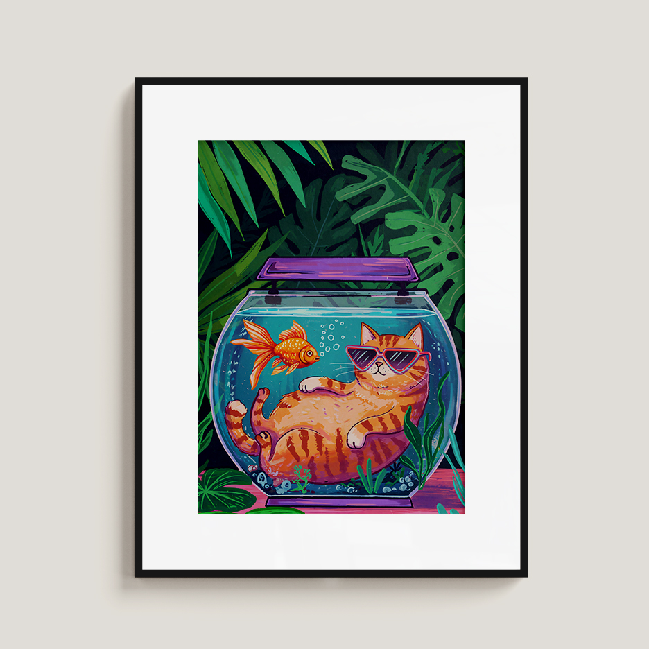 Funny Cat Fishbowl Print, Tropical Jungle Wall Art, Cute Animal Illustration, Whimsical Home Decor - Image 2