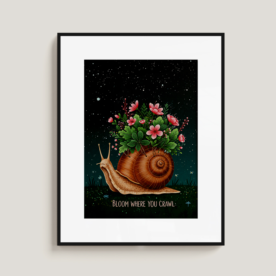 Whimsical Snail Wall Art | "Bloom Where You Crawl" Printable | Floral Night Sky Decor | Motivational Animal Poster - Image 3