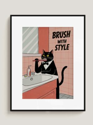 Funny Cat Bathroom Art | "Brush With Style" Tuxedo Cat Print | Cute Quirky Wall Decor