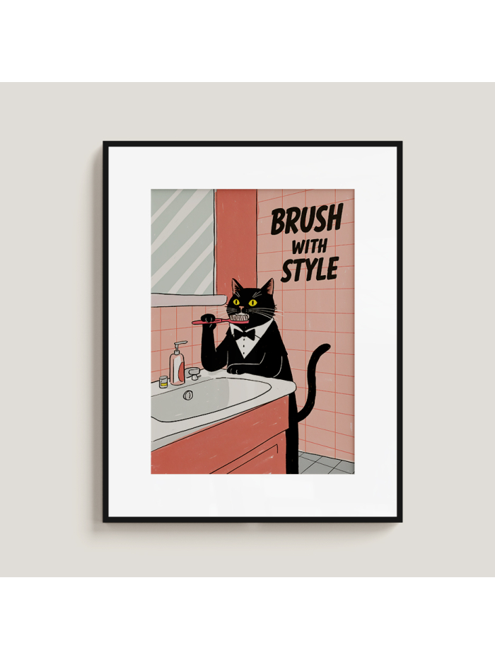 Funny Cat Bathroom Art | "Brush With Style" Tuxedo Cat Print | Cute Quirky Wall Decor