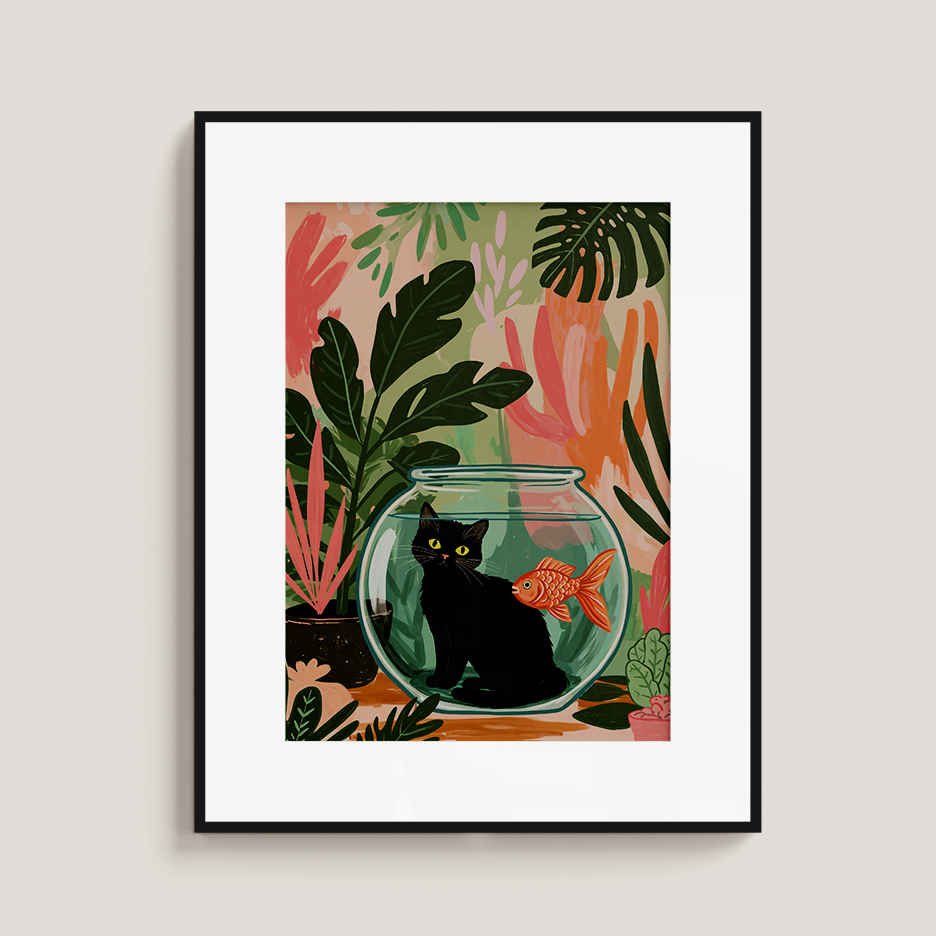 Black Cat Goldfish Bowl Art, Whimsical Jungle Wall Print, Cute Animal Illustration, Playful Home Decor - Image 3