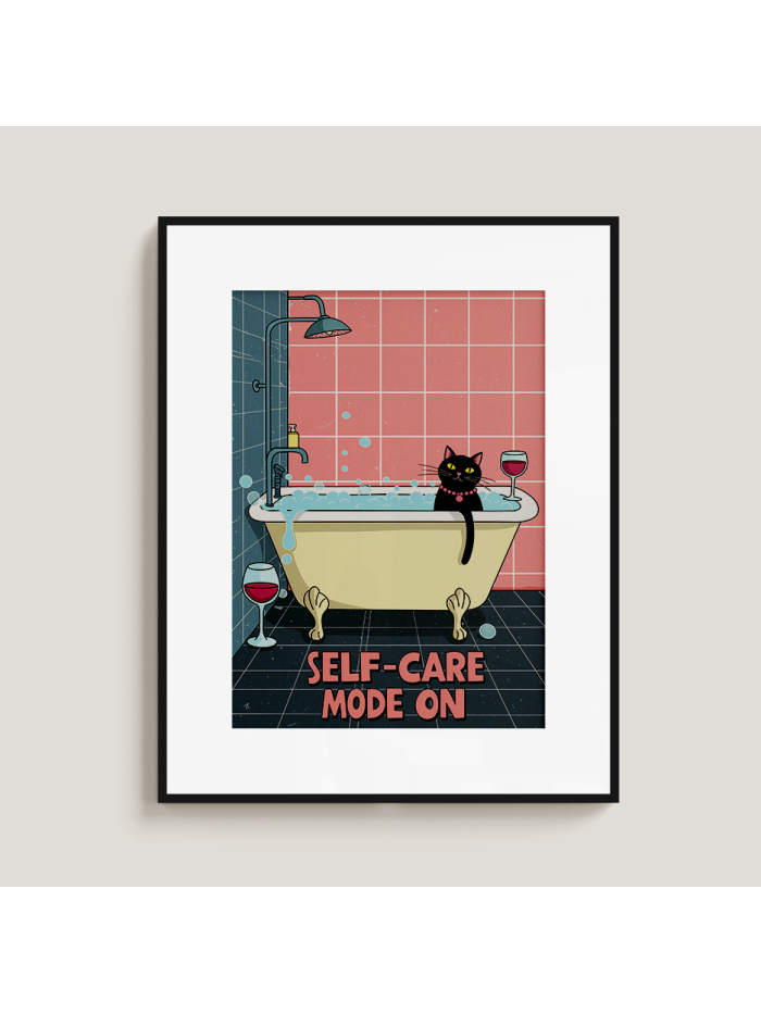Funny Cat Bathroom Art | "Self-Care Mode On" Digital Print | Relaxing Bathtub Wall Decor | Cute Cat Poster