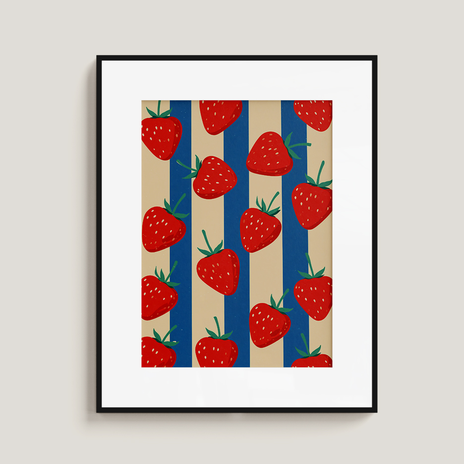 Strawberry Pattern Print: Red Berries on Blue Cream Stripes - Image 4