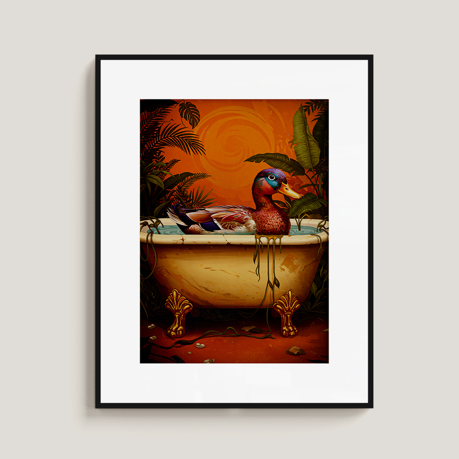Whimsical Duck in Bathtub Print, Retro Jungle Animal Art, Funny Cute Wall Decor, Playful Home Illustration - Image 2