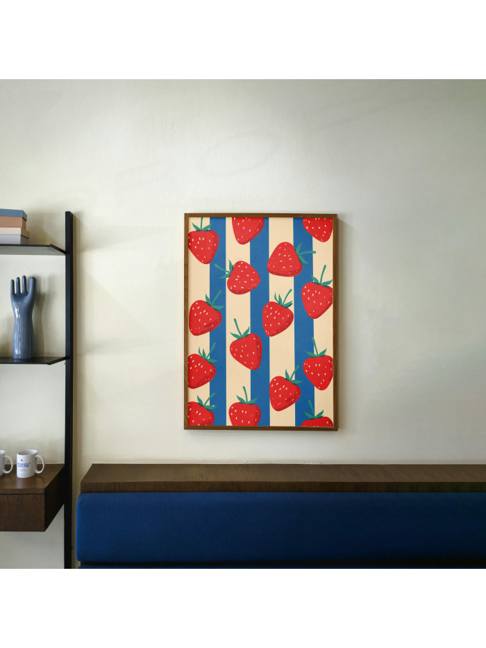 Strawberry Pattern Print: Red Berries on Blue Cream Stripes