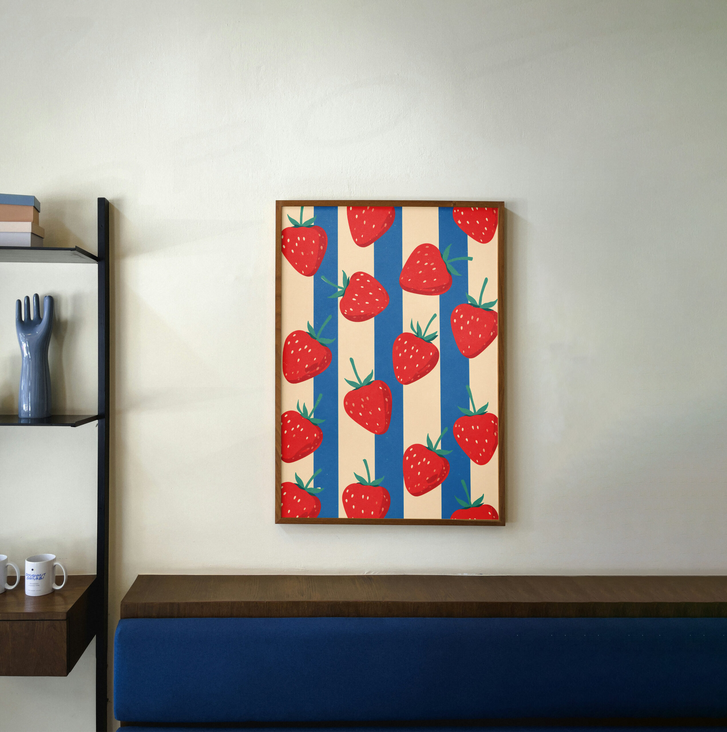 Strawberry Pattern Print: Red Berries on Blue Cream Stripes