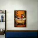 Whimsical Duck in Bathtub Print, Retro Jungle Animal Art, Funny Cute Wall Decor, Playful Home Illustration