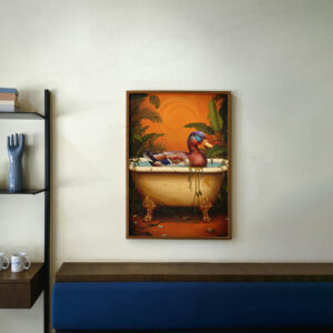 Whimsical Duck in Bathtub Print, Retro Jungle Animal Art, Funny Cute Wall Decor, Playful Home Illustration