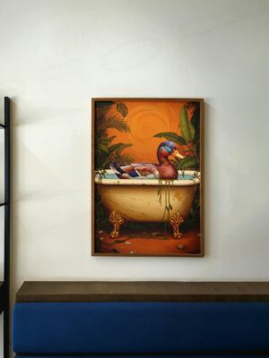 Whimsical Duck in Bathtub Print, Retro Jungle Animal Art, Funny Cute Wall Decor, Playful Home Illustration
