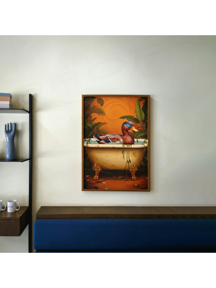 Whimsical Duck in Bathtub Print, Retro Jungle Animal Art, Funny Cute Wall Decor, Playful Home Illustration