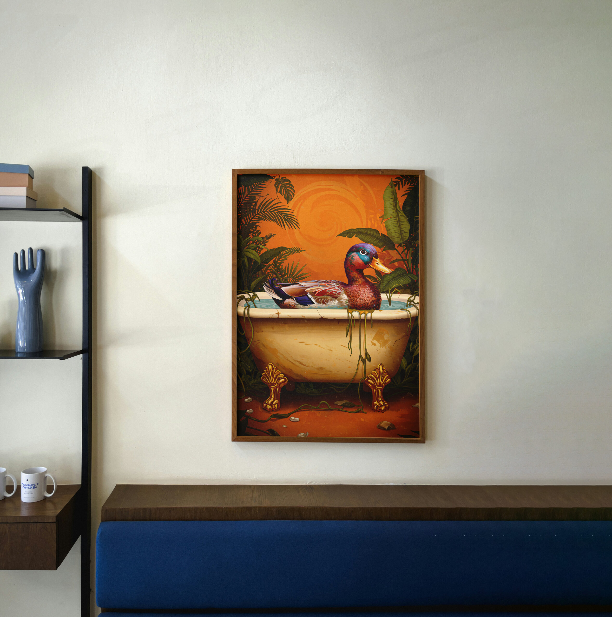 Whimsical Duck in Bathtub Print, Retro Jungle Animal Art, Funny Cute Wall Decor, Playful Home Illustration