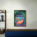Funny Cat Fishbowl Print, Tropical Jungle Wall Art, Cute Animal Illustration, Whimsical Home Decor