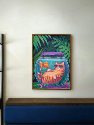 Funny Cat Fishbowl Print, Tropical Jungle Wall Art, Cute Animal Illustration, Whimsical Home Decor