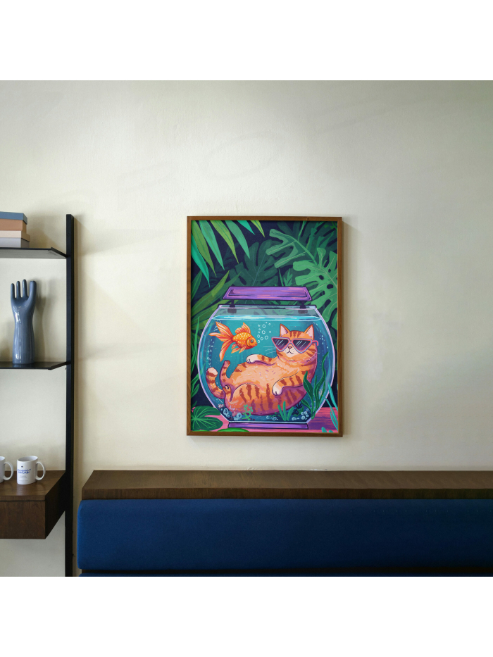 Funny Cat Fishbowl Print, Tropical Jungle Wall Art, Cute Animal Illustration, Whimsical Home Decor