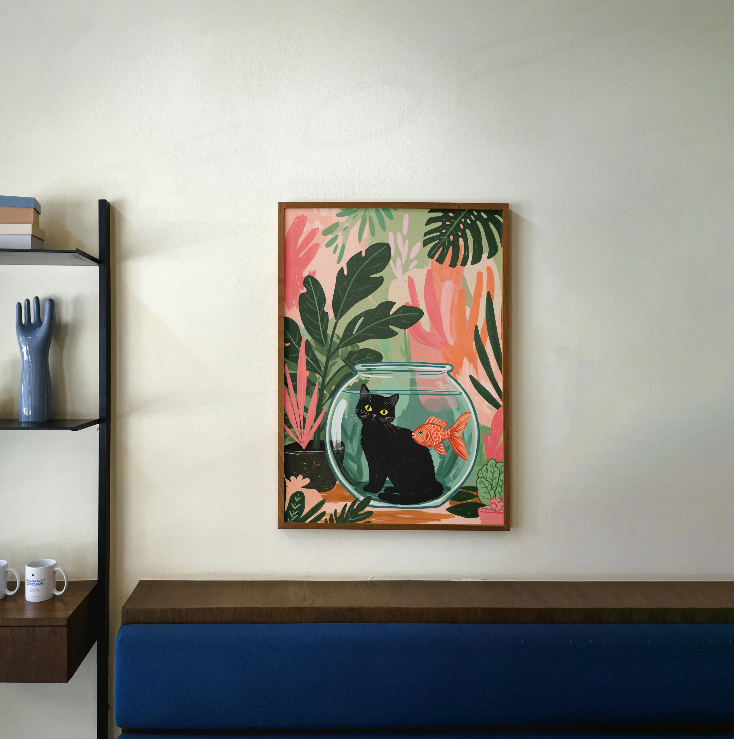 Black Cat Goldfish Bowl Art, Whimsical Jungle Wall Print, Cute Animal Illustration, Playful Home Decor - Image 4