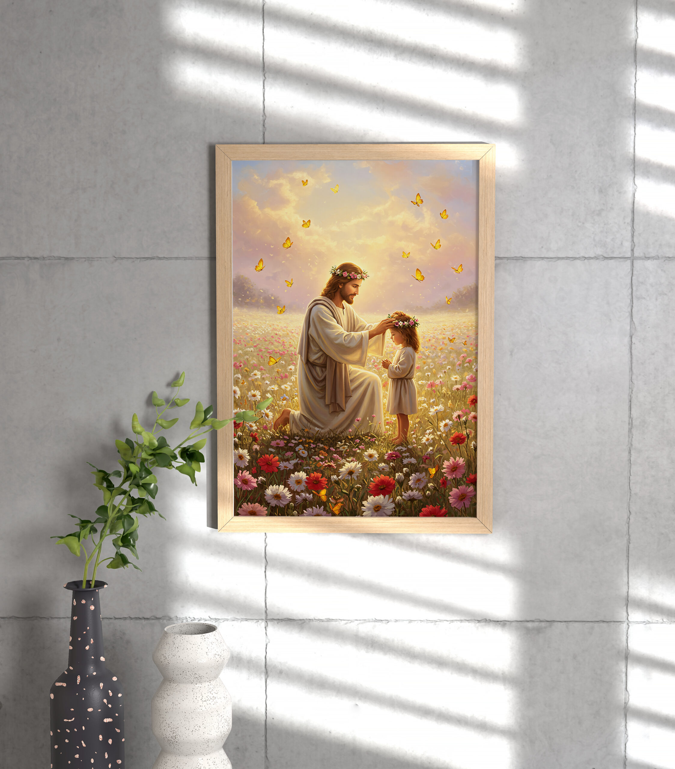 Christian Wall Art Jesus with Child in Flower Field | Inspirational Kids Print | Religious Poster for Faith & Grace Decor