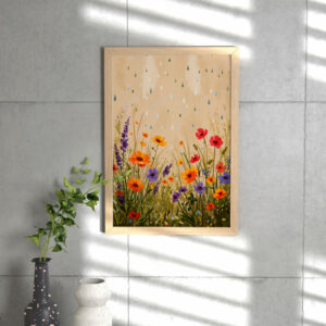 Rainy Wildflower Field Art Print, Cottagecore Botanical Wall Decor, Purple & Yellow Flower Meadow