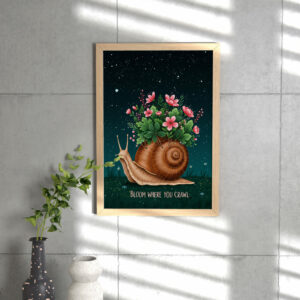 Whimsical Snail Wall Art | "Bloom Where You Crawl" Printable | Floral Night Sky Decor | Motivational Animal Poster
