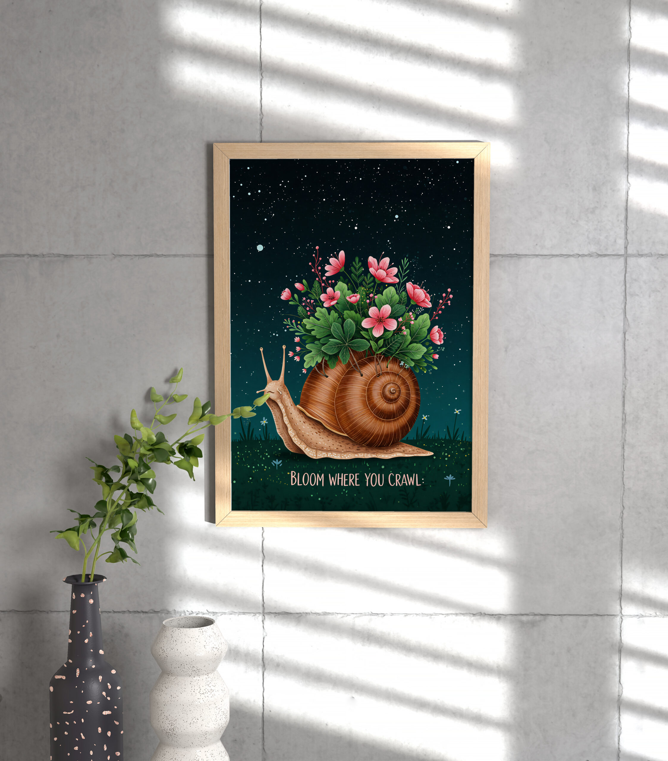 Whimsical Snail Wall Art | "Bloom Where You Crawl" Printable | Floral Night Sky Decor | Motivational Animal Poster