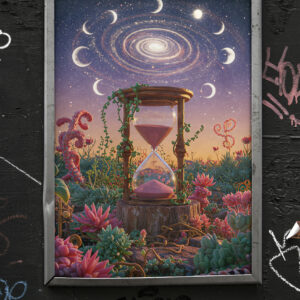 Surreal Hourglass Galaxy Art Print, Fantasy Moon Phase Wall Decor, Cosmic Time Illustration