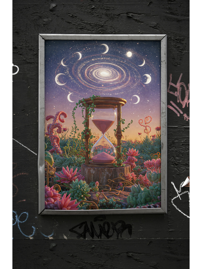 Surreal Hourglass Galaxy Art Print, Fantasy Moon Phase Wall Decor, Cosmic Time Illustration