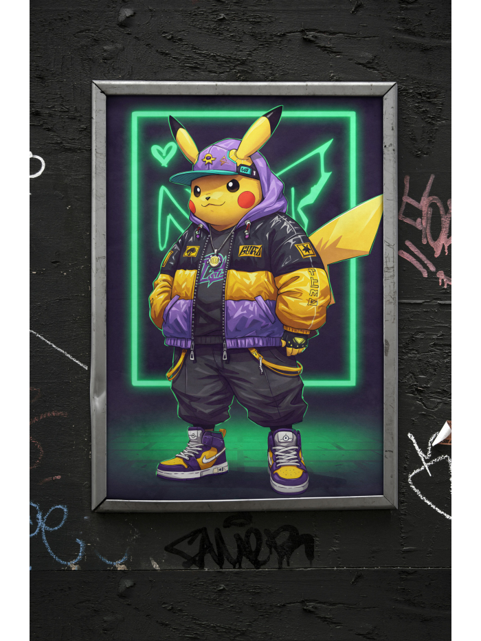 Streetwear Pikachu Wall Art Print | Neon Anime Urban Artwork | Hype Street Style Character Art | Modern Pop Culture Statement Decor