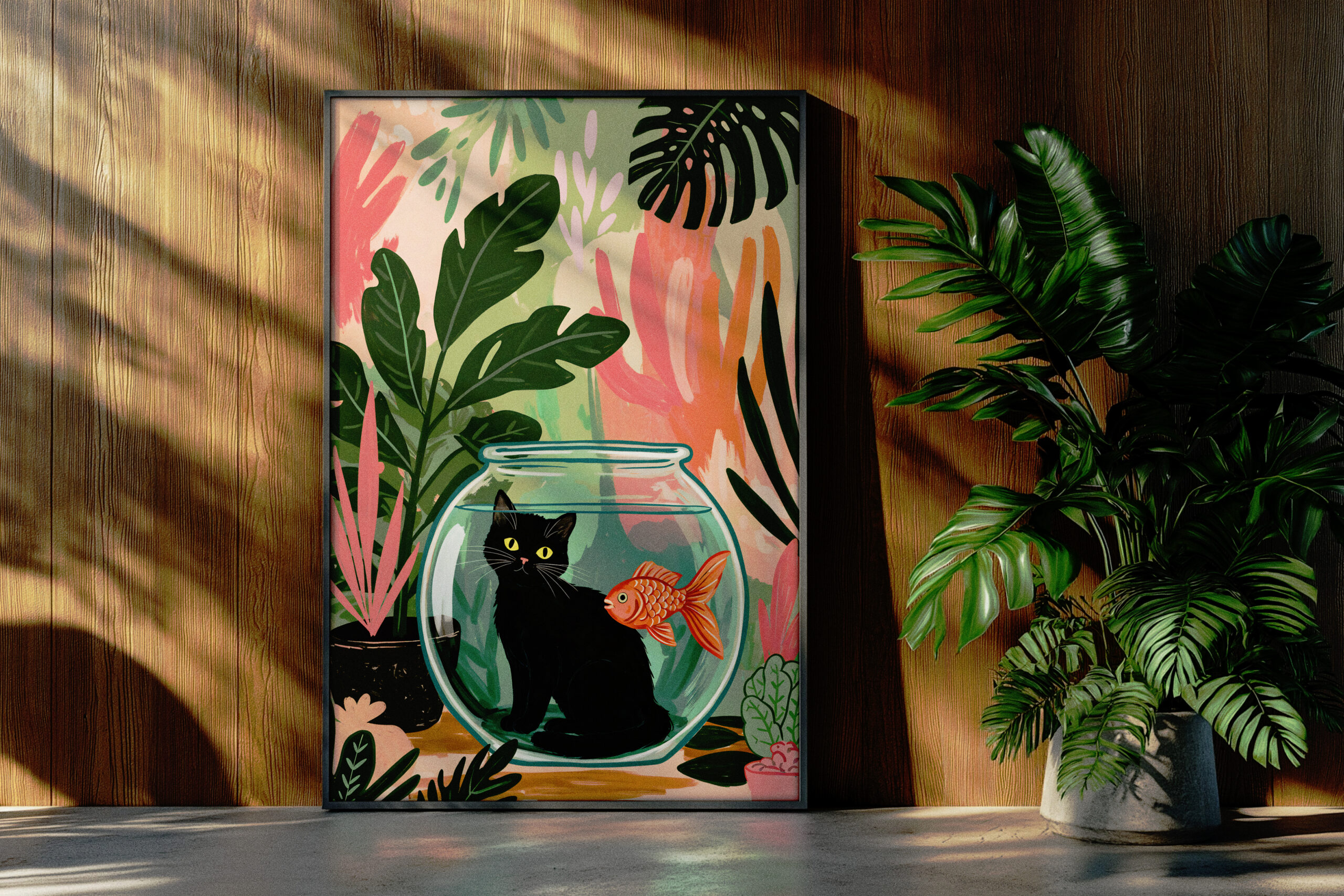 Black Cat Goldfish Bowl Art, Whimsical Jungle Wall Print, Cute Animal Illustration, Playful Home Decor - Image 2