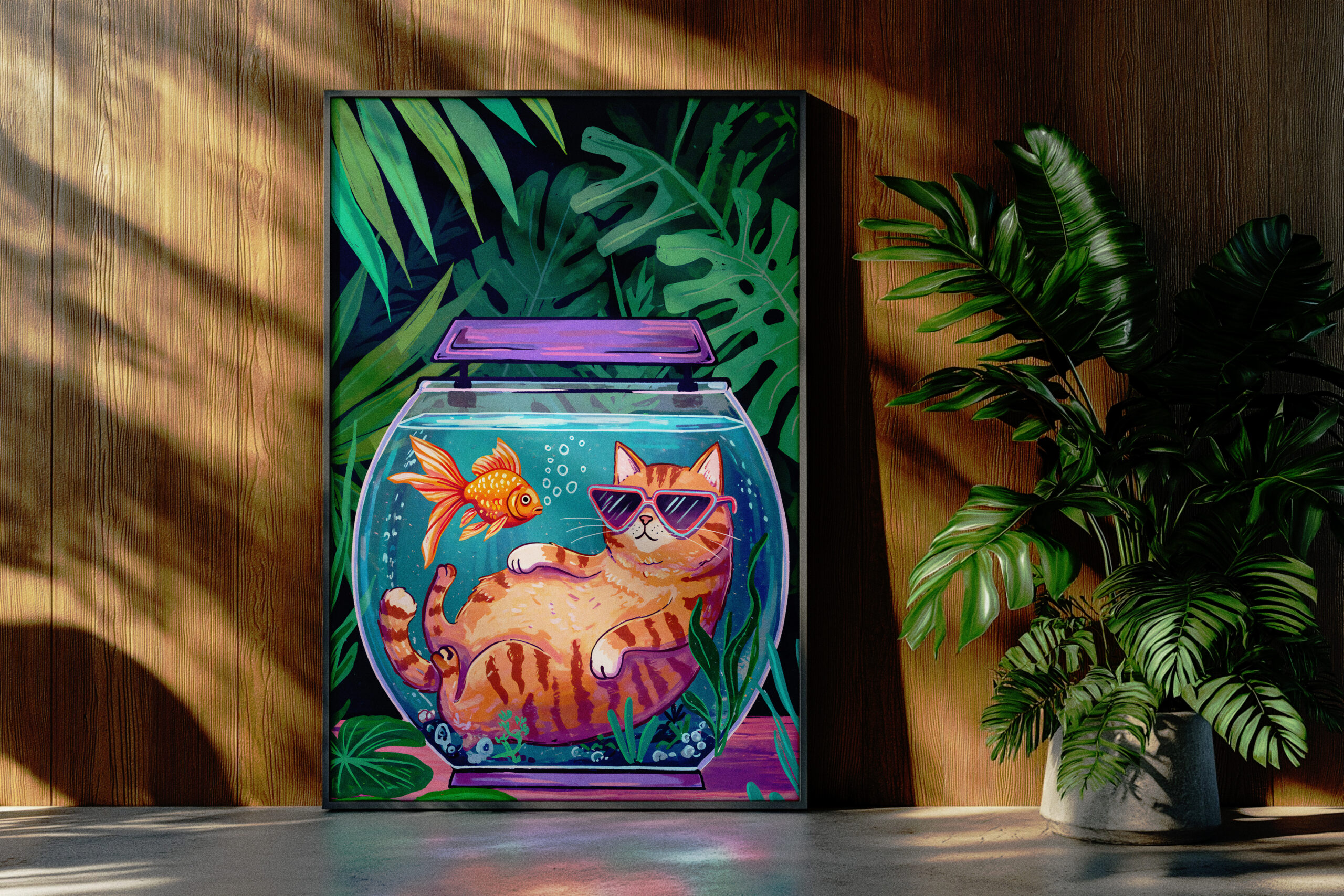 Funny Cat Fishbowl Print, Tropical Jungle Wall Art, Cute Animal Illustration, Whimsical Home Decor - Image 3