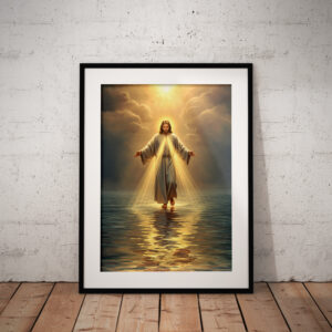 Jesus Walking on Water Art Print, Christian Wall Decor, Spiritual Religious Artwork, Faith-Based Gift, Heavenly Light Illustration