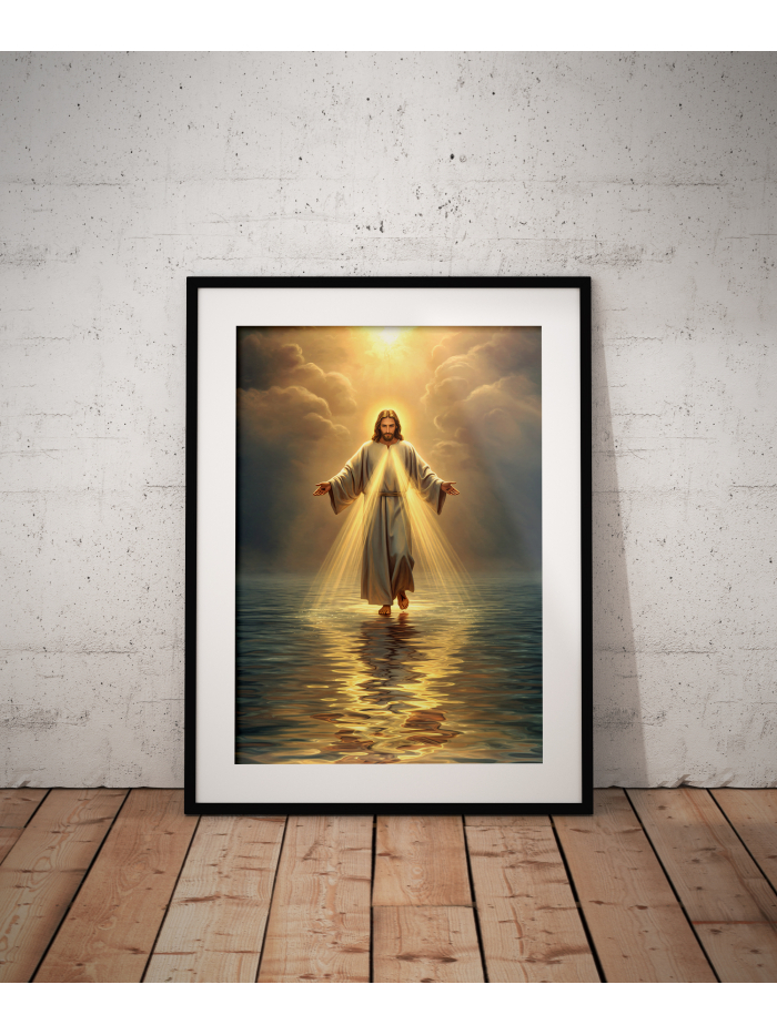 Jesus Walking on Water Art Print, Christian Wall Decor, Spiritual Religious Artwork, Faith-Based Gift, Heavenly Light Illustration