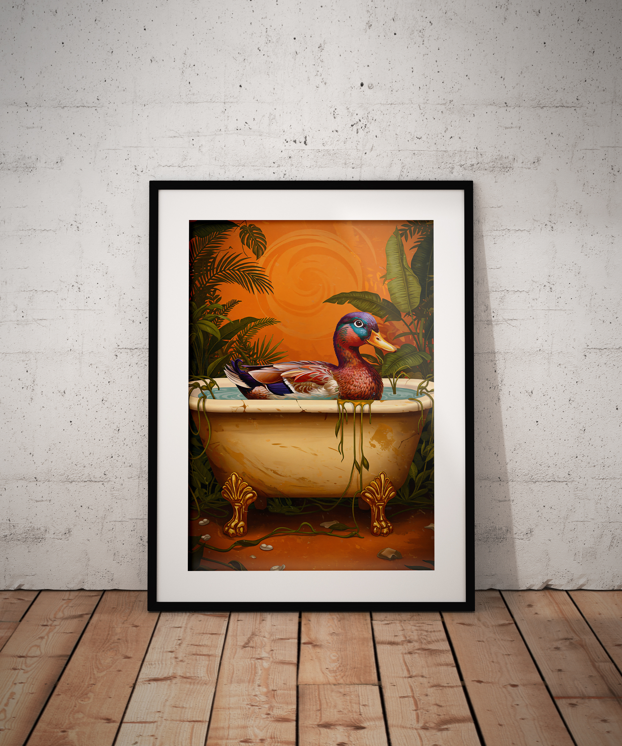 Whimsical Duck in Bathtub Print, Retro Jungle Animal Art, Funny Cute Wall Decor, Playful Home Illustration - Image 3