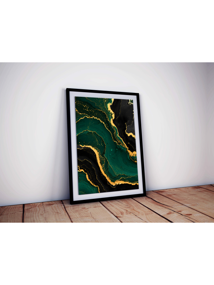 Emerald Gold Marble Art Print, Luxe Fluid Ink Texture Wall Decor, Elegant Green & Gold Abstract Design, Modern Digital Download