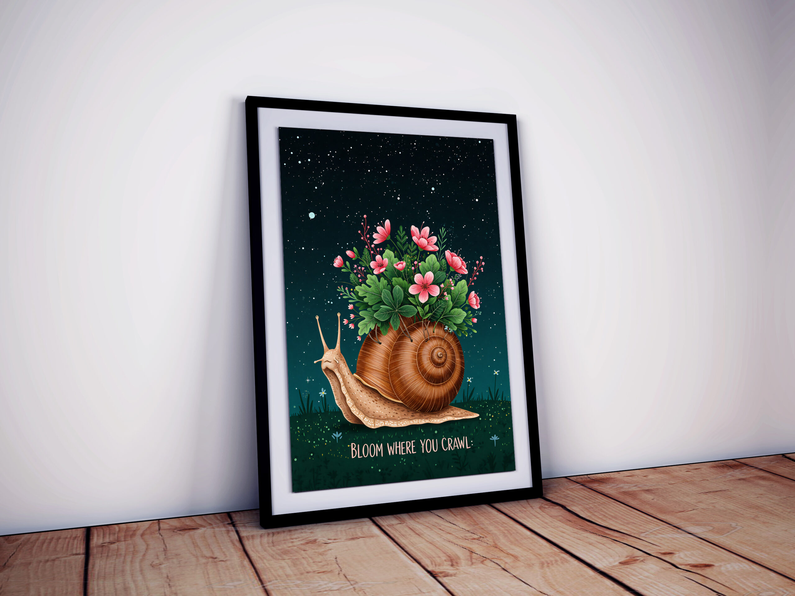 Whimsical Snail Wall Art | "Bloom Where You Crawl" Printable | Floral Night Sky Decor | Motivational Animal Poster - Image 5
