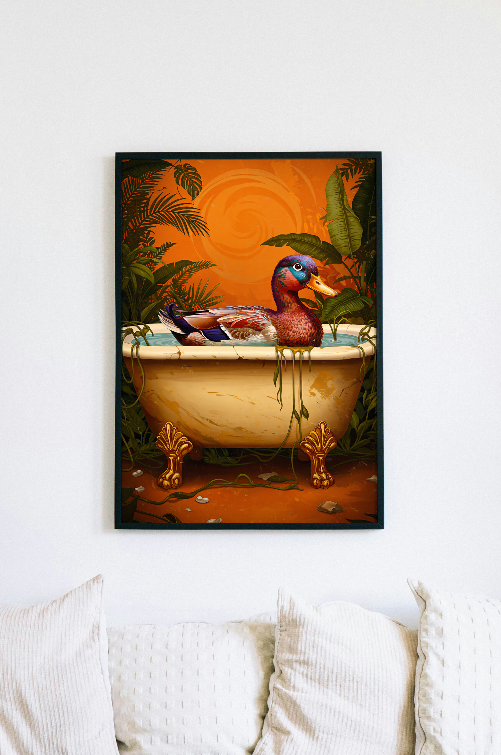 Whimsical Duck in Bathtub Print, Retro Jungle Animal Art, Funny Cute Wall Decor, Playful Home Illustration - Image 4