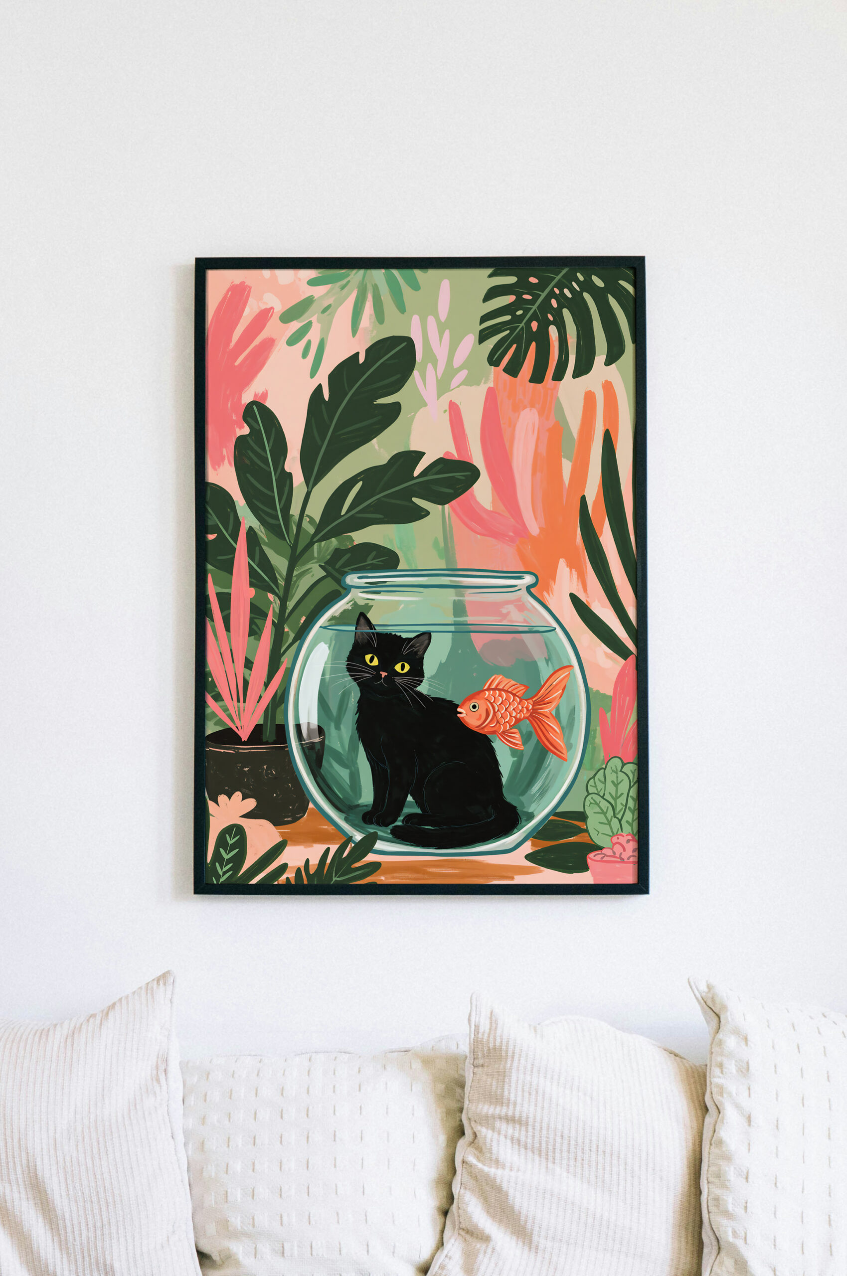 Black Cat Goldfish Bowl Art, Whimsical Jungle Wall Print, Cute Animal Illustration, Playful Home Decor - Image 6
