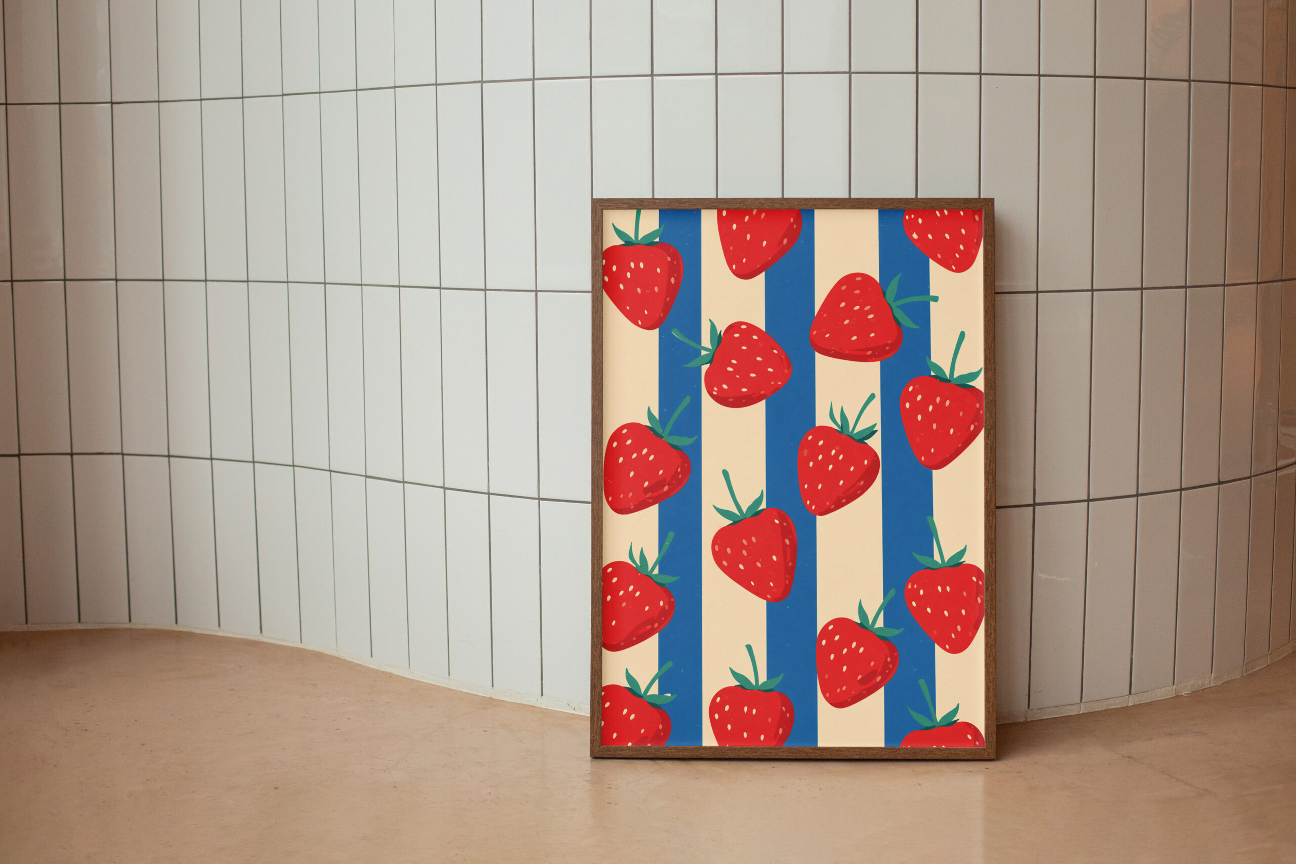 Strawberry Pattern Print: Red Berries on Blue Cream Stripes - Image 6