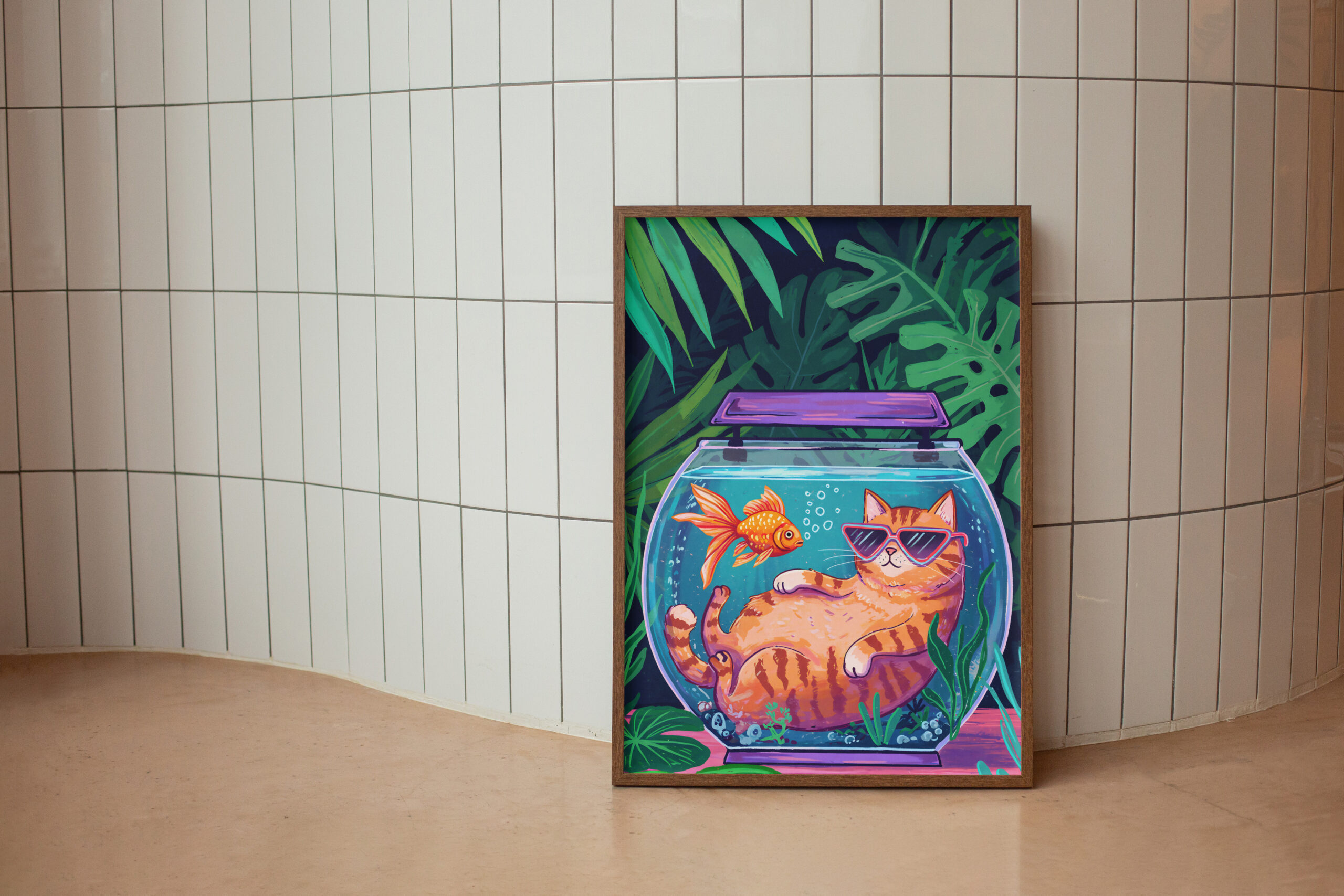 Funny Cat Fishbowl Print, Tropical Jungle Wall Art, Cute Animal Illustration, Whimsical Home Decor - Image 6