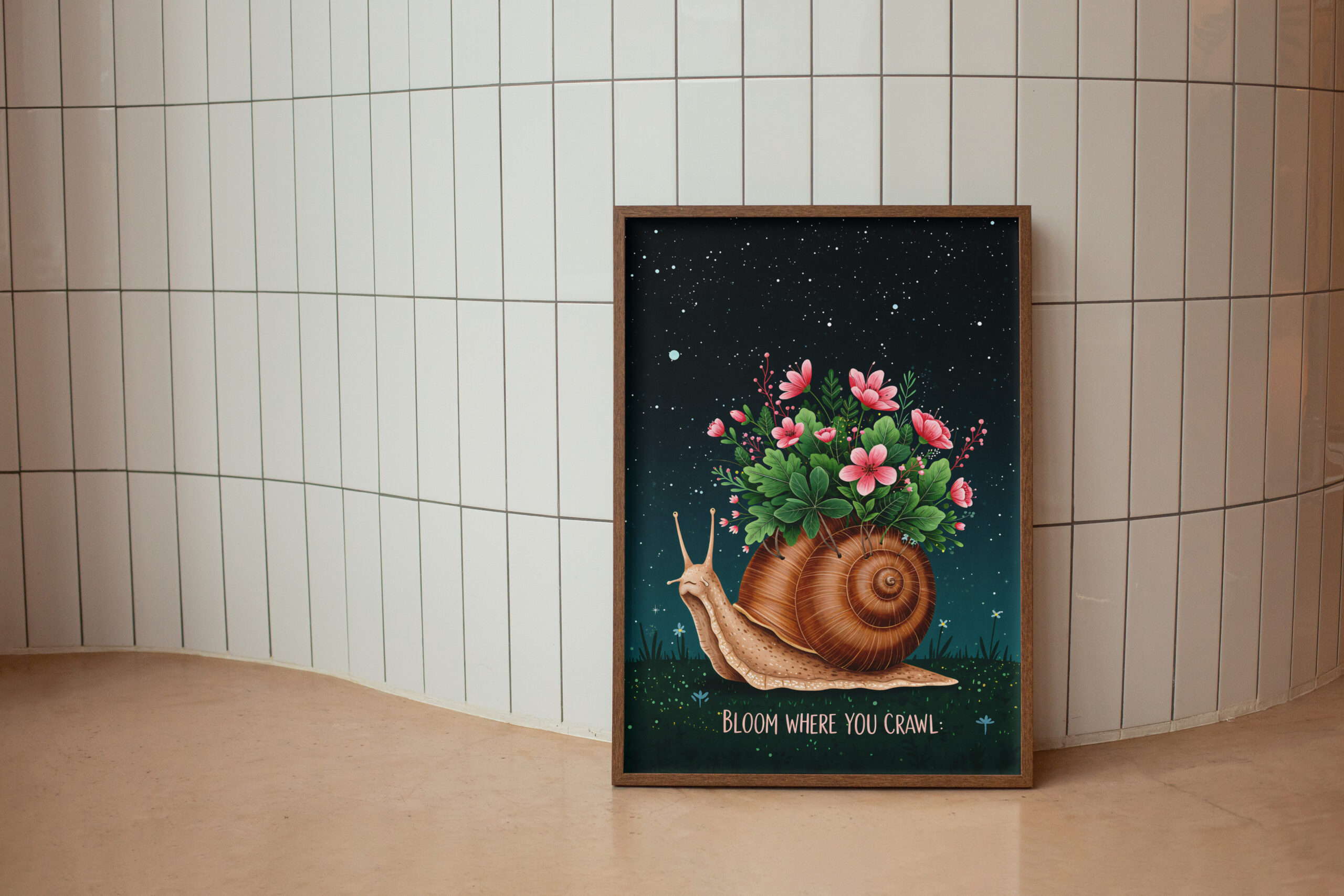 Whimsical Snail Wall Art | "Bloom Where You Crawl" Printable | Floral Night Sky Decor | Motivational Animal Poster - Image 6