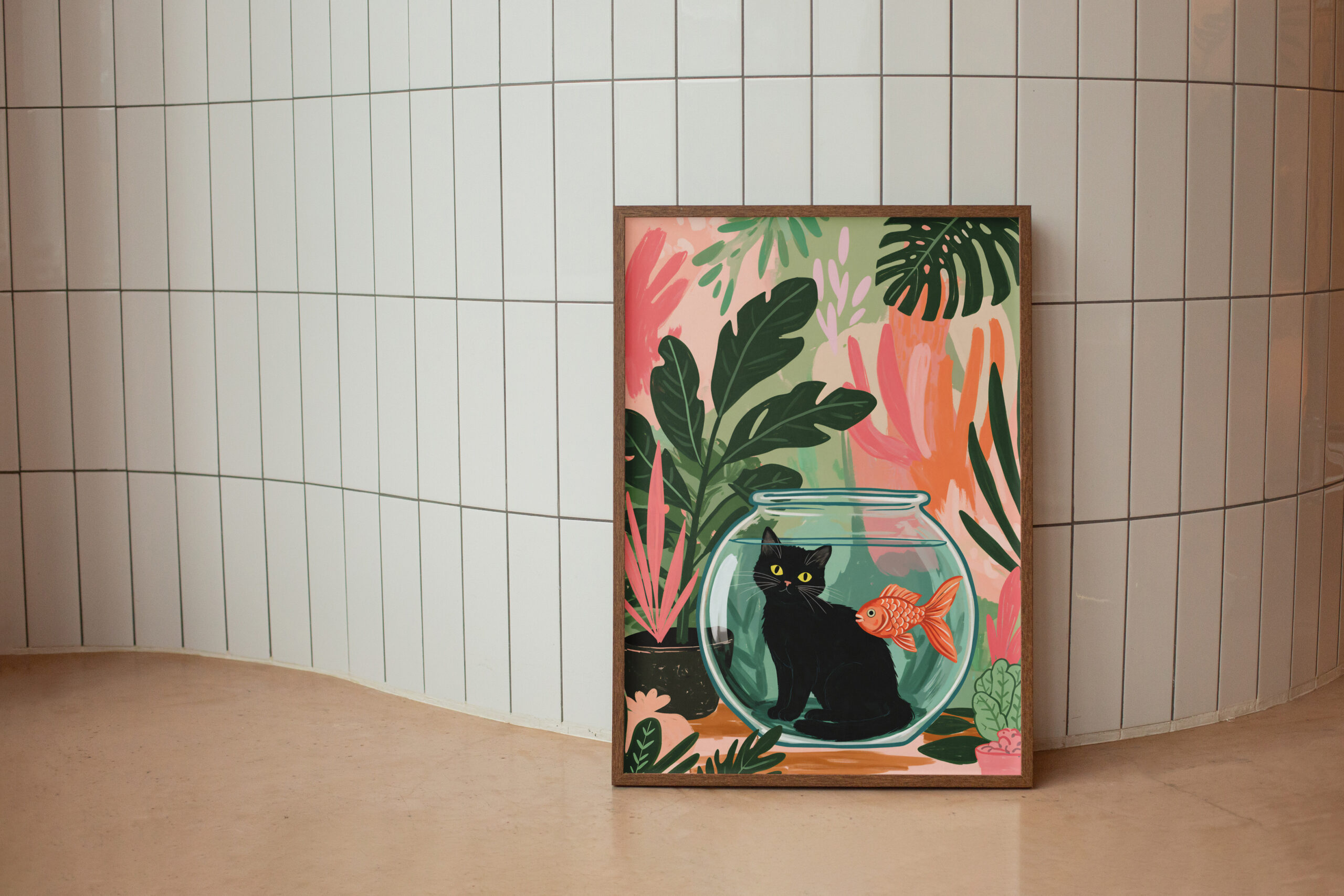 Black Cat Goldfish Bowl Art, Whimsical Jungle Wall Print, Cute Animal Illustration, Playful Home Decor - Image 7