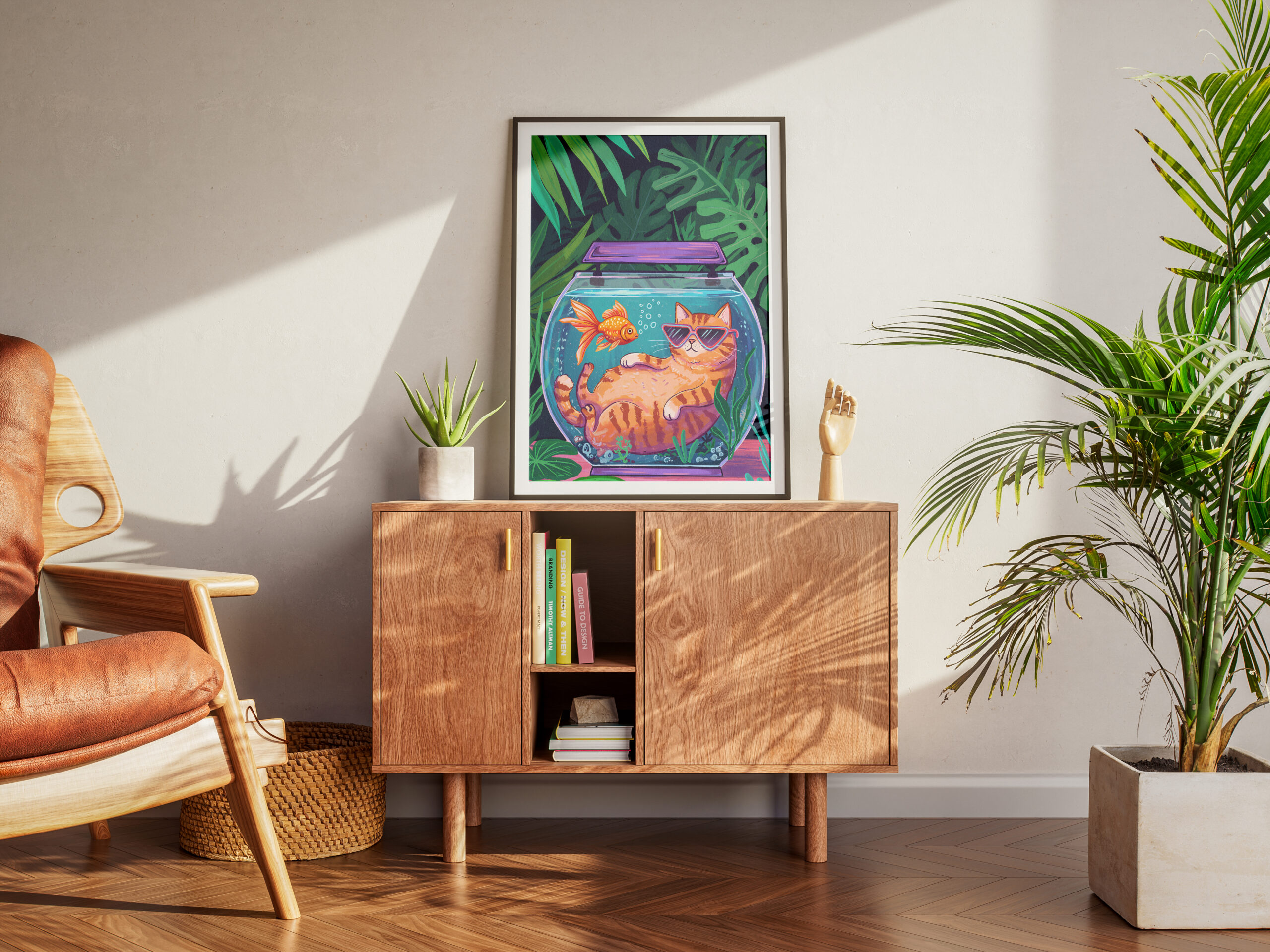 Funny Cat Fishbowl Print, Tropical Jungle Wall Art, Cute Animal Illustration, Whimsical Home Decor - Image 7