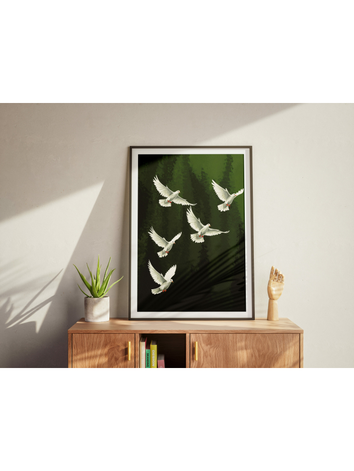 White Doves Wall Art – Peaceful Birds Digital Print on Green Background Digital Download
