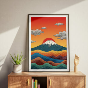 Mount Fuji Sunset Art Print, Japanese Landscape Wall Decor, Scenic Nature Illustration